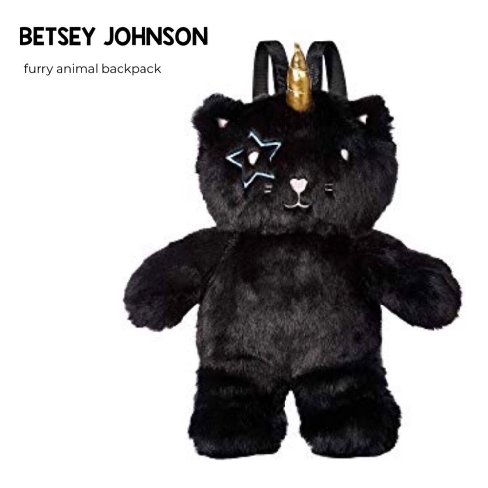 Betsey Johnson  •  black unicorn kitty cat stuffed animal  backpack